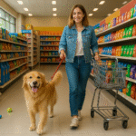 Smiling dog on a leash with owner in a dog-friendly store aisle, surrounded by colorful products.