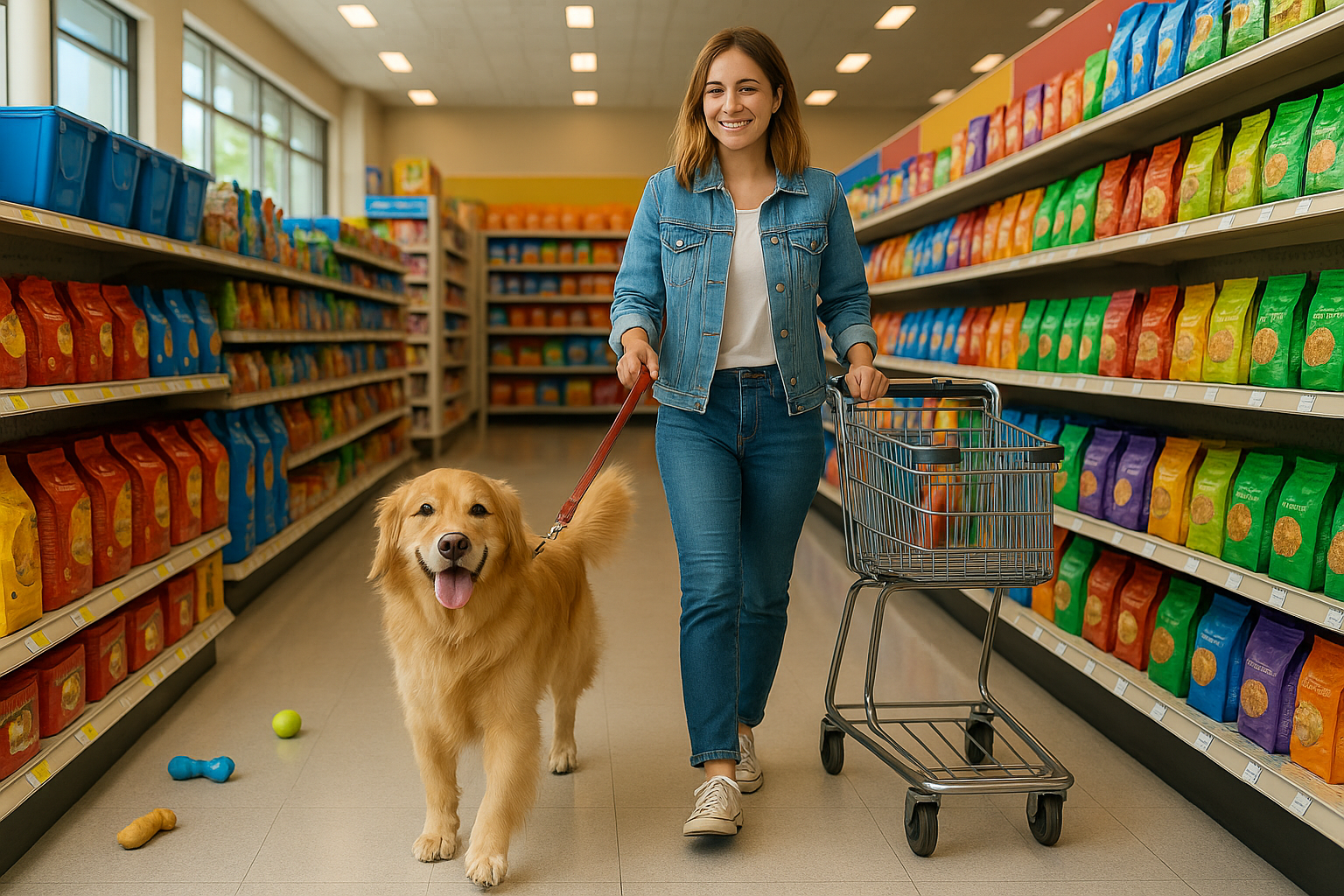 Smiling dog on a leash with owner in a dog-friendly store aisle, surrounded by colorful products.