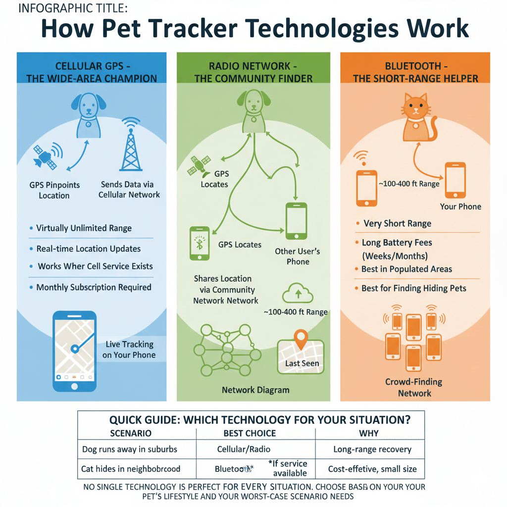 A detailed infographic comparing three types of pet trackers: a cellular GPS dog collar, a radio wave tracker, and a small Bluetooth tag, showing their relative ranges from a house.