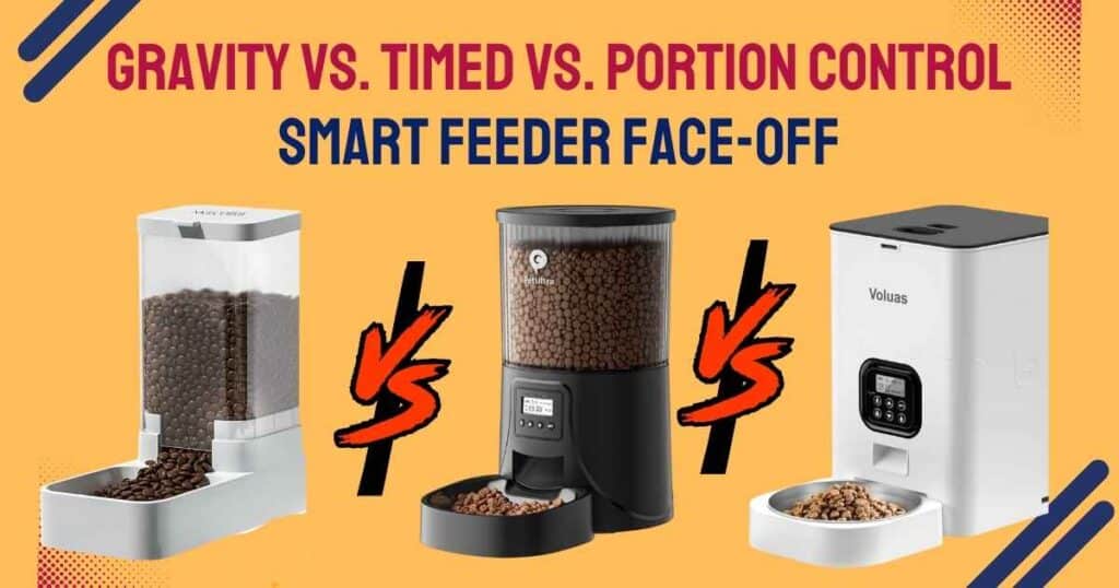 A friendly comparison of three types of automatic pet feeders for dogs and cats on a kitchen counter, showing a simple gravity hopper, a digital timed feeder, and a high-tech app-controlled smart feeder.