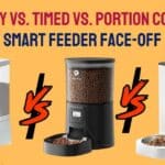 A friendly comparison of three types of automatic pet feeders for dogs and cats on a kitchen counter, showing a simple gravity hopper, a digital timed feeder, and a high-tech app-controlled smart feeder.