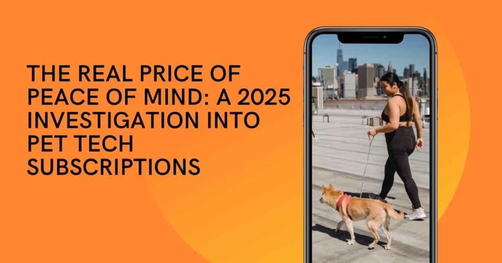 A detailed infographic comparing the 5-year pet tech subscription cost of three popular devices, showing how small monthly fees add up to hundreds of dollars.