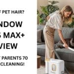 A sleek, white Teendow D20S Max+ robot vacuum glides effortlessly across a hardwood floor, a fluffy golden retriever napping peacefully in the background, illustrating a serene, clean home environment.