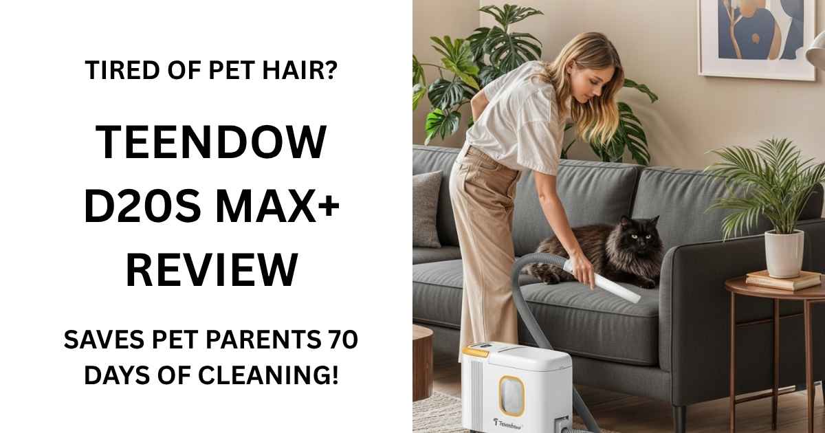 A sleek, white Teendow D20S Max+ robot vacuum glides effortlessly across a hardwood floor, a fluffy golden retriever napping peacefully in the background, illustrating a serene, clean home environment.
