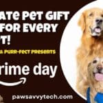A happy dog with a wagging tail sits next to a pile of wrapped pet gifts, including a treat dispenser, a colorful toy, and a cozy blanket, conveying a comprehensive pet gift guide.