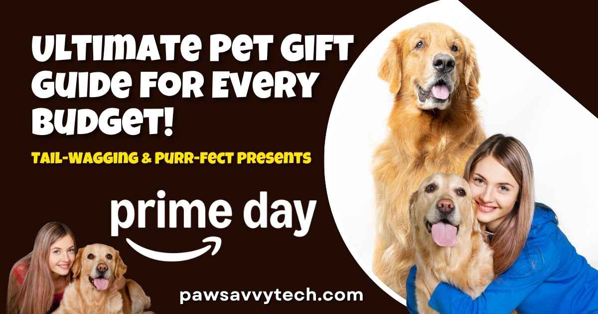A happy dog with a wagging tail sits next to a pile of wrapped pet gifts, including a treat dispenser, a colorful toy, and a cozy blanket, conveying a comprehensive pet gift guide.